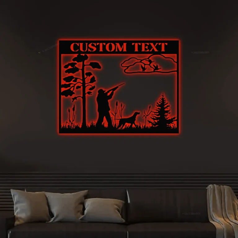 Hunting Man And His Dog Personalized Metal Sign Gift With Led Lights, Hunting Wildlife Metal Wall Art Monogram, Custom Hunter Name Steel Sign