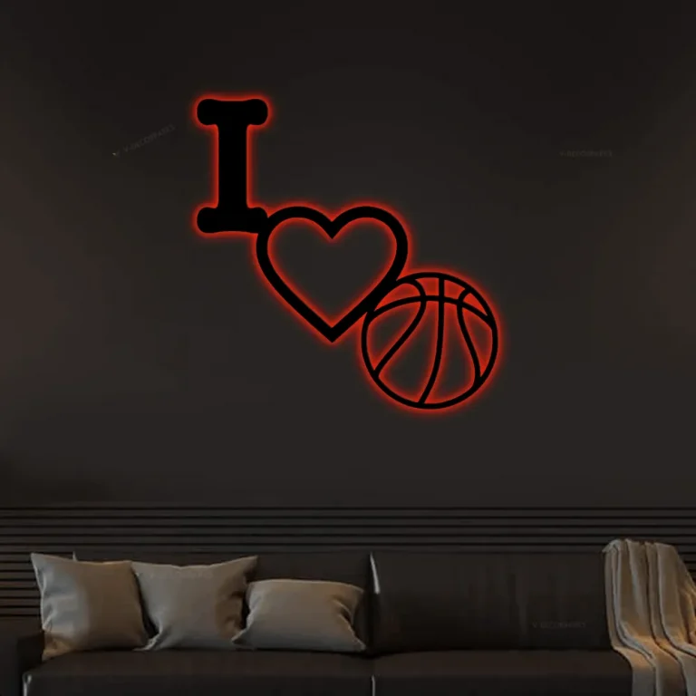 I Love Basketball Metal Wall Sign With Led Lights, Sports Sign, Wall Decor, Love, Sports Wall Decor, We Love Sports Sign, Basketball Sign