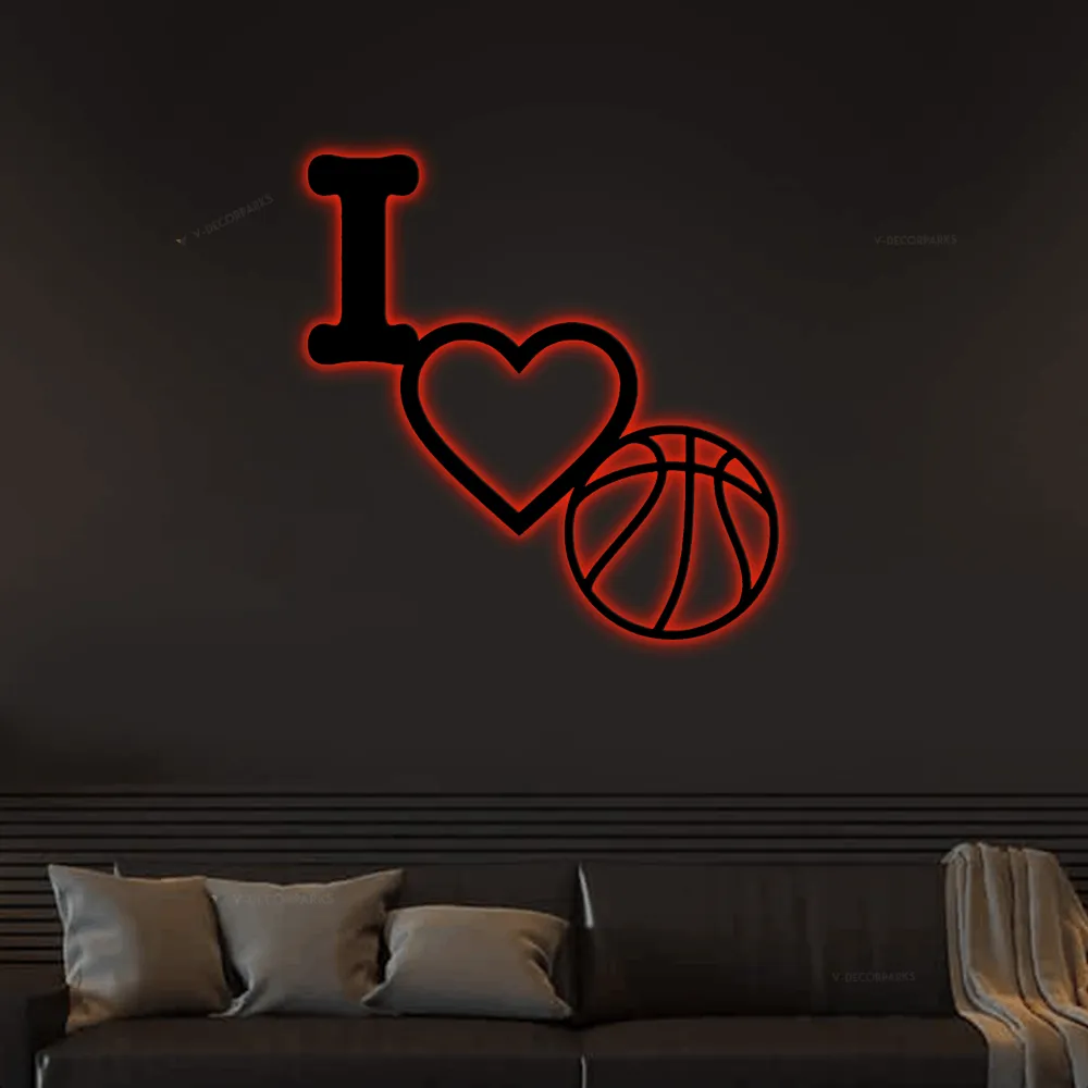 I Love Basketball Metal Wall Sign With Led Lights, Sports Sign, Wall Decor, Love, Sports Wall Decor, We Love Sports Sign, Basketball Sign