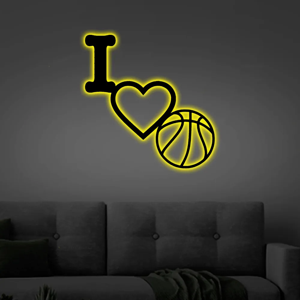 I Love Basketball Metal Wall Sign With Led Lights, Sports Sign, Wall Decor, Love, Sports Wall Decor, We Love Sports Sign, Basketball Sign