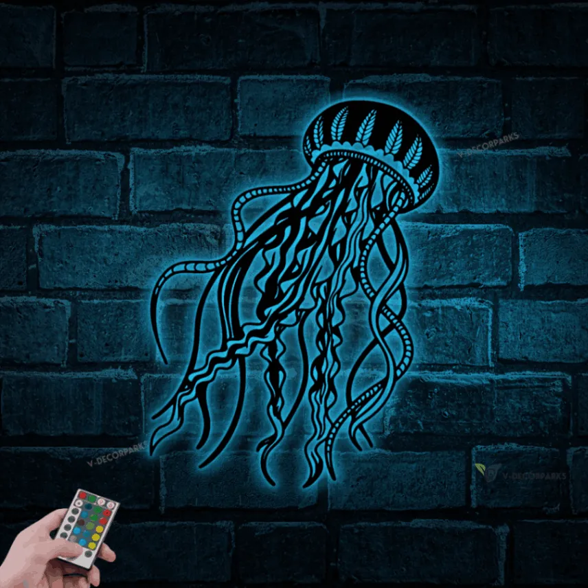 Jellyfish Metal Sign With Led Lights, Jellyfish Art, Beach House Decor, Living Room Sign, Unique Gift, Jellyfish Mandala Wall Art
