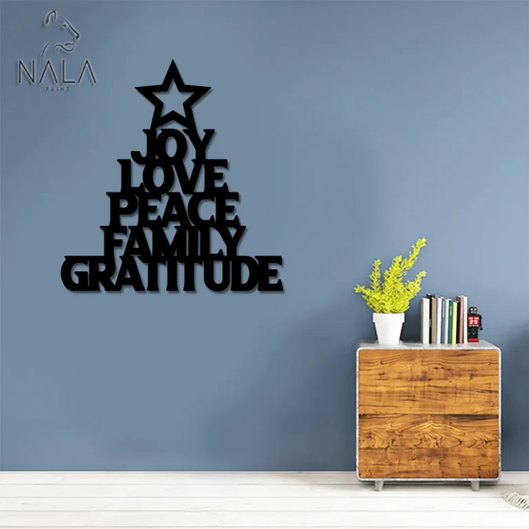 Joy Love Peace Family Gratitude Metal Sign, Lettering Wall Art Decor, Christmas Tree Wall Hanging, Modern Home Decor, Housewarming Gift