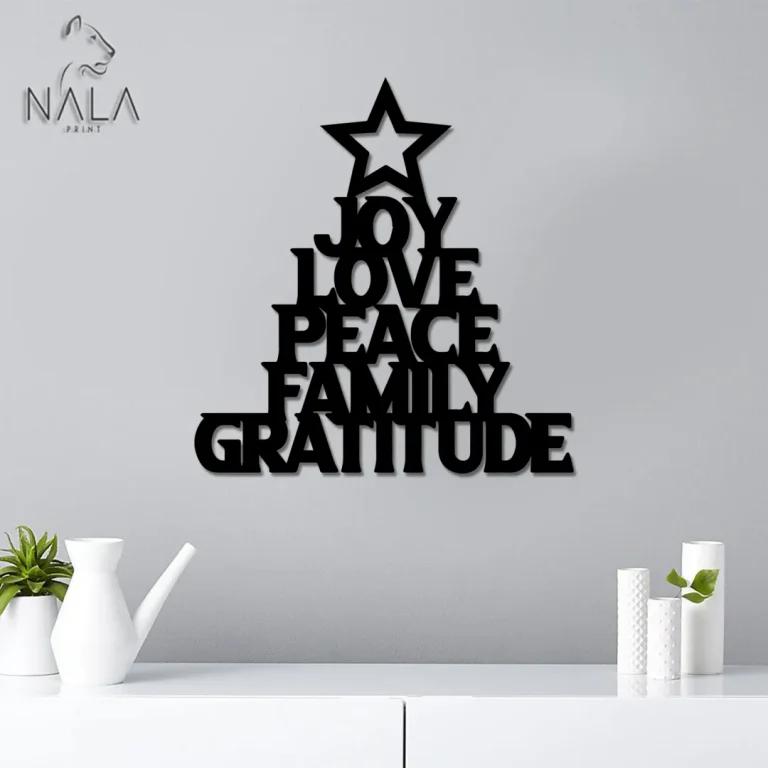 Joy Love Peace Family Gratitude Metal Sign, Lettering Wall Art Decor, Christmas Tree Wall Hanging, Modern Home Decor, Housewarming Gift