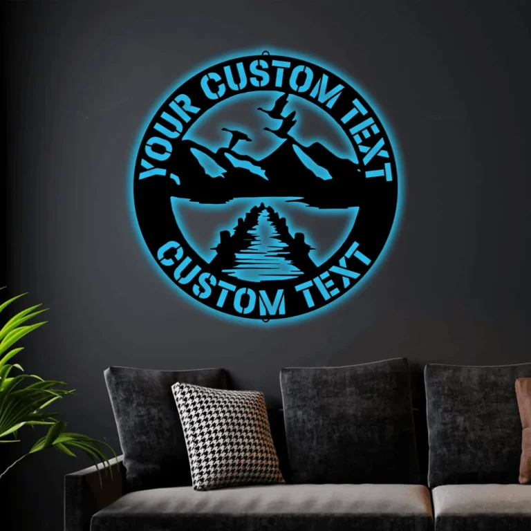 Lake Scene Led Lights Sign Monogram Steel Sign, Customized Lake Scene Monogram Wall Art Home Decor Housewarming Gift Patio Decor