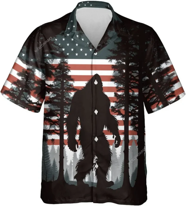 America Bigfoot Men's Hawaiian Shirts, Bigfoot Casual Button Down Hawaiian Shirt, Summer Beach Shirt, Patriotic Shirt, Sasquatch Aloha Shirt