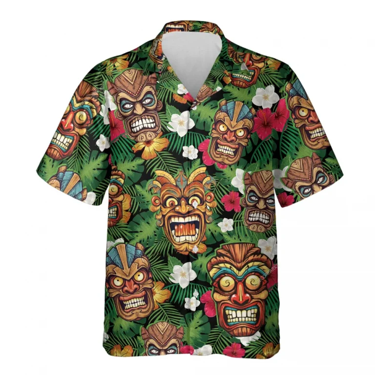 Floral Tiki Mask Hawaiian Shirts For Men Women, Tropical Tiki Summer Beach Shirts, Funny Tiki Aloha Shirts, Button Down Short Sleeve Hawaiian Shirts