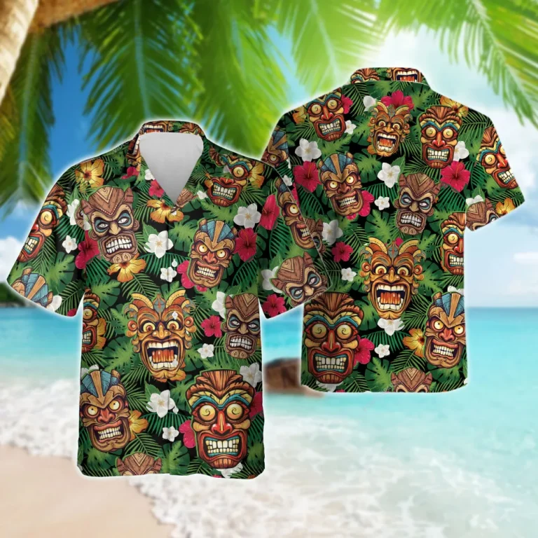 Floral Tiki Mask Hawaiian Shirts For Men Women, Tropical Tiki Summer Beach Shirts, Funny Tiki Aloha Shirts, Button Down Short Sleeve Hawaiian Shirts