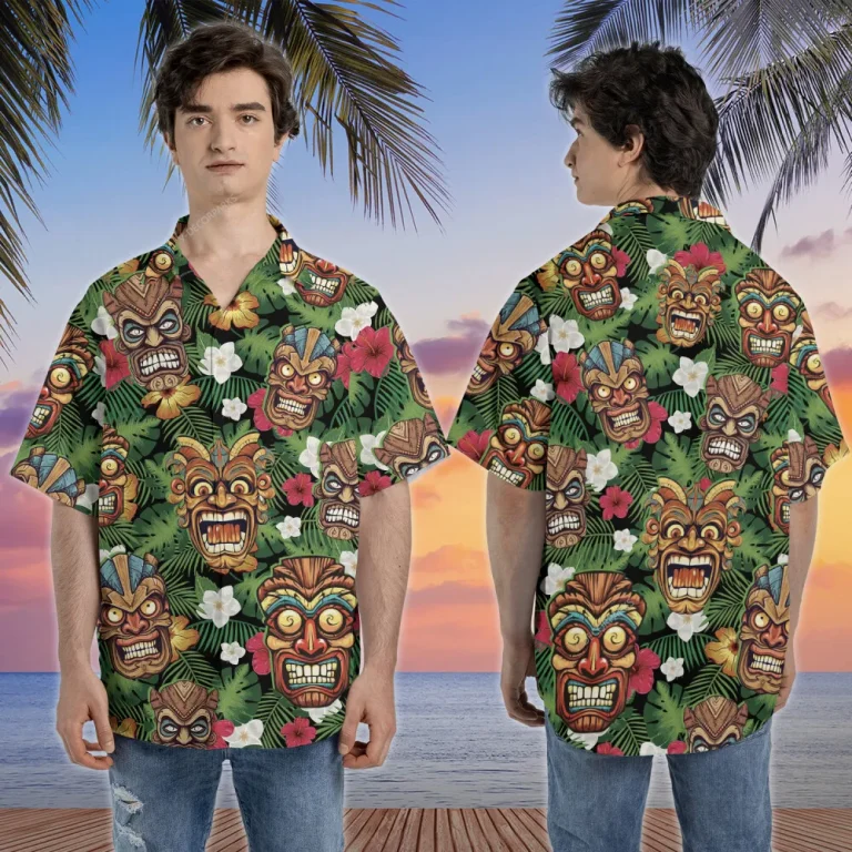 Floral Tiki Mask Hawaiian Shirts For Men Women, Tropical Tiki Summer Beach Shirts, Funny Tiki Aloha Shirts, Button Down Short Sleeve Hawaiian Shirts