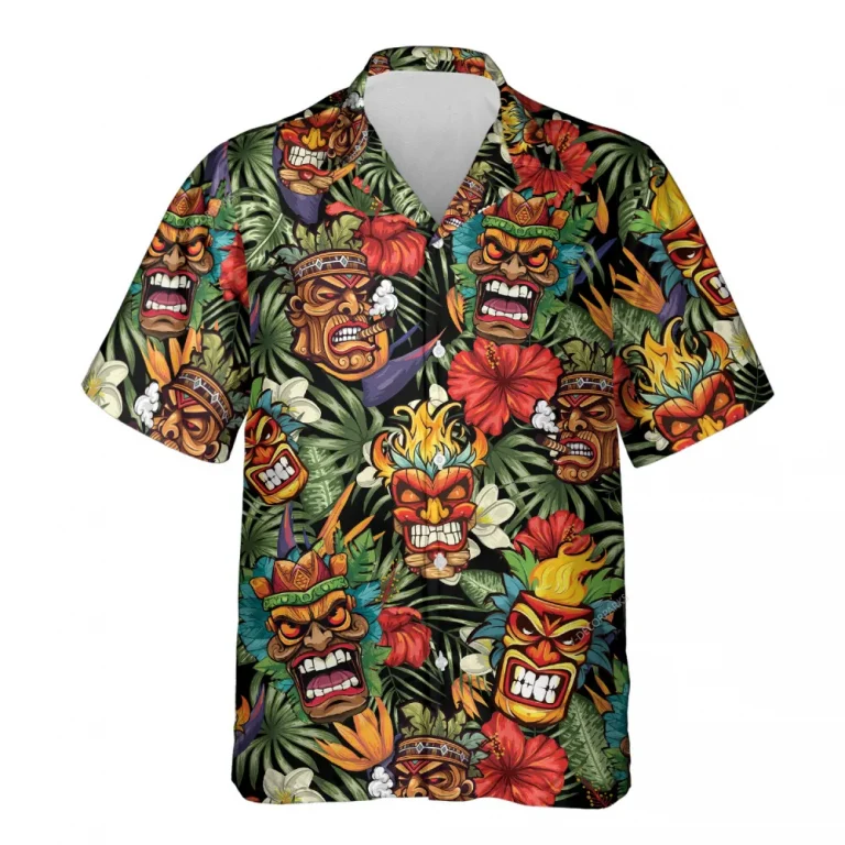 Unique Tiki Mask Hawaiian Shirts For Men Women, Tropical Tiki Summer Beach Shirts, Funny Tiki Aloha Shirts, Button Down Short Sleeve Hawaiian Shirts