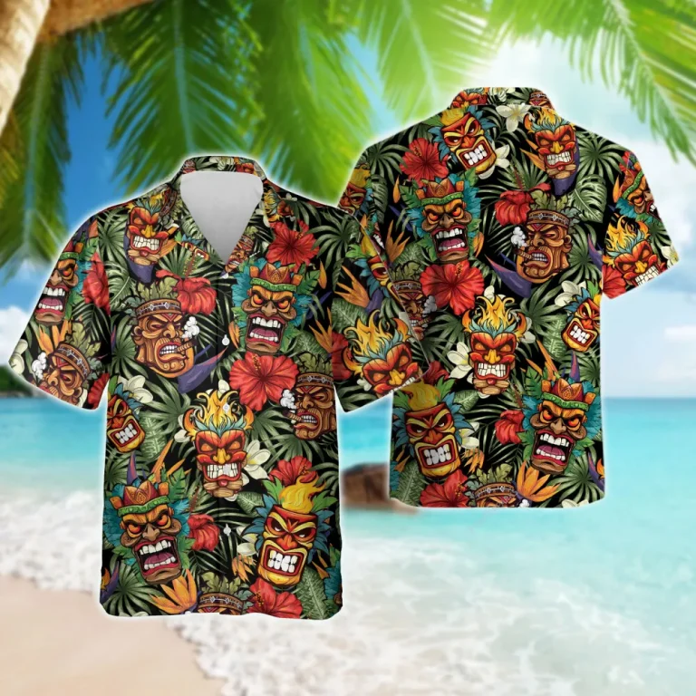Unique Tiki Mask Hawaiian Shirts For Men Women, Tropical Tiki Summer Beach Shirts, Funny Tiki Aloha Shirts, Button Down Short Sleeve Hawaiian Shirts