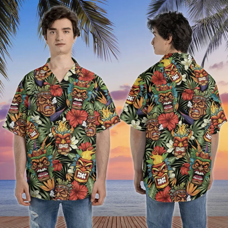 Unique Tiki Mask Hawaiian Shirts For Men Women, Tropical Tiki Summer Beach Shirts, Funny Tiki Aloha Shirts, Button Down Short Sleeve Hawaiian Shirts