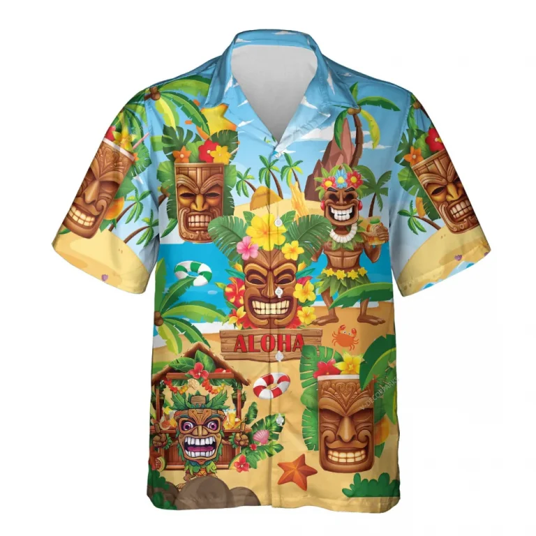 Tiki Bar Hawaiian Shirts For Men Women, Cocktail Party Summer Beach Shirts, Tiki Mask Aloha Shirts, Funny Tiki Button Down Short Sleeve Hawaiian Shirt