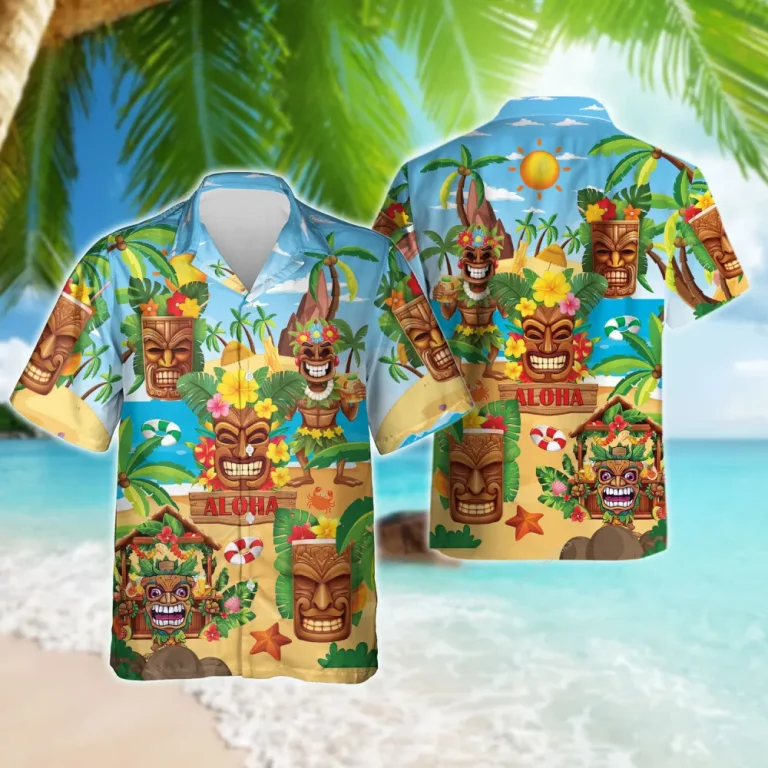 Tiki Bar Hawaiian Shirts For Men Women, Cocktail Party Summer Beach Shirts, Tiki Mask Aloha Shirts, Funny Tiki Button Down Short Sleeve Hawaiian Shirt