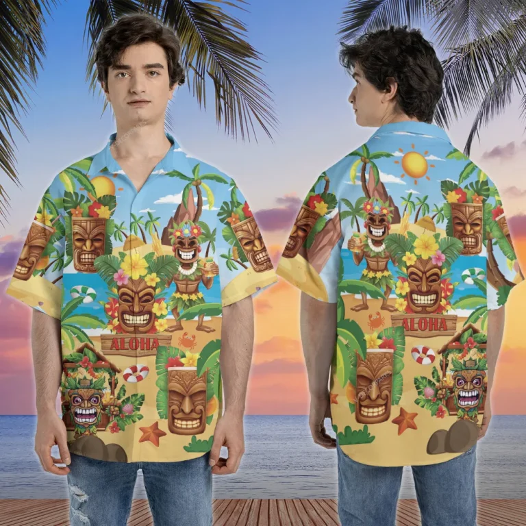 Tiki Bar Hawaiian Shirts For Men Women, Cocktail Party Summer Beach Shirts, Tiki Mask Aloha Shirts, Funny Tiki Button Down Short Sleeve Hawaiian Shirt