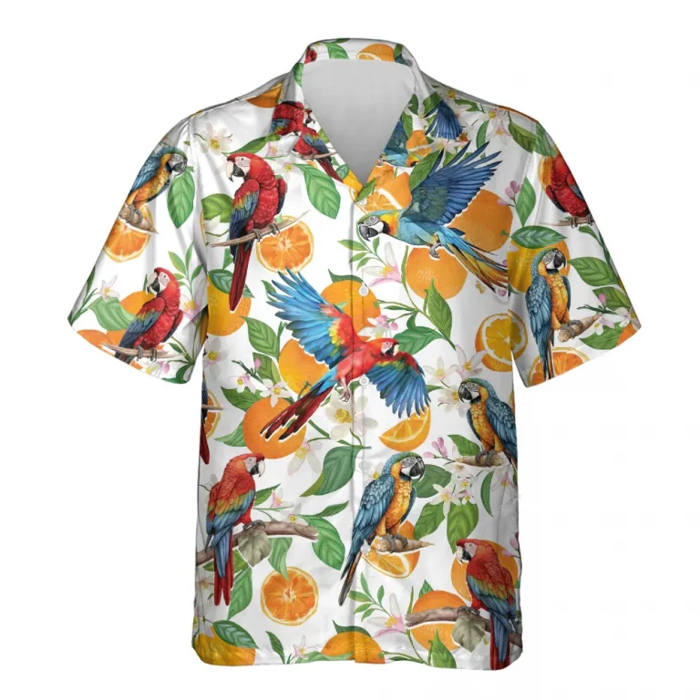 Summer Parrot Hawaiian Shirt For Men Women, Tropical Citrus Fruit Beach Shirts, Parrot Aloha Shirt, Parrot Lovers Button Down Short Sleeve Shirts