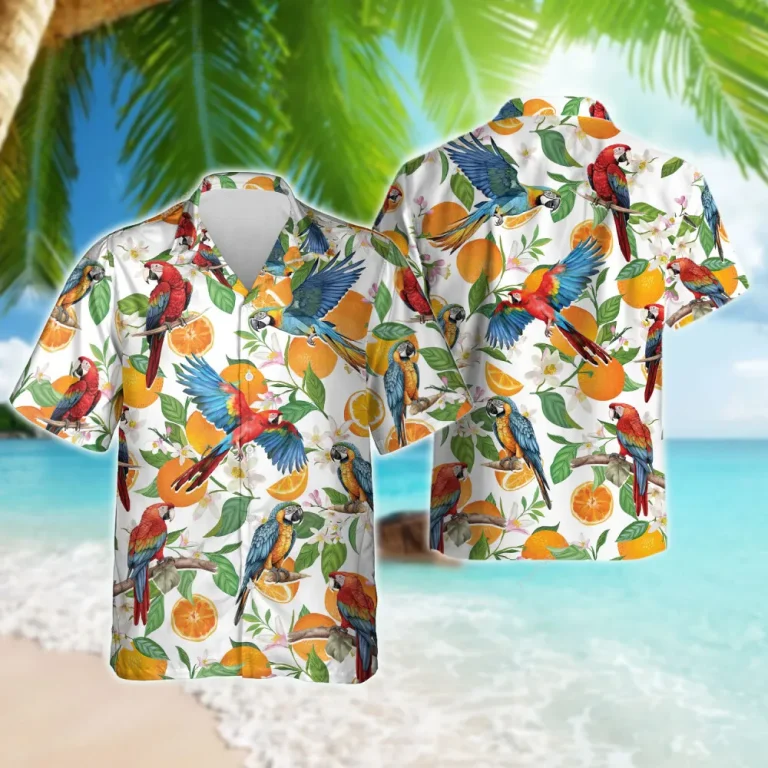 Summer Parrot Hawaiian Shirt For Men Women, Tropical Citrus Fruit Beach Shirts, Parrot Aloha Shirt, Parrot Lovers Button Down Short Sleeve Shirts