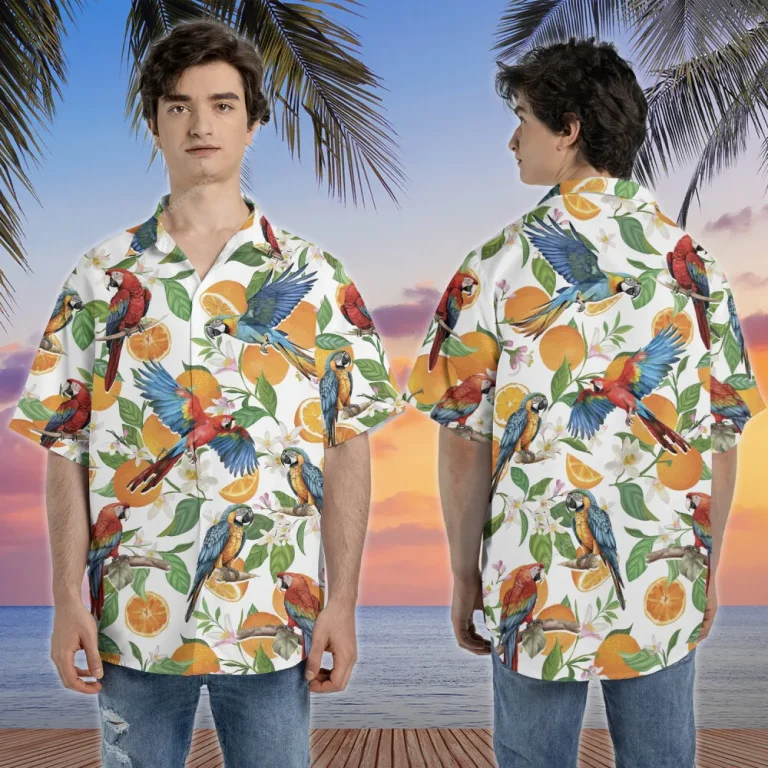 Summer Parrot Hawaiian Shirt For Men Women, Tropical Citrus Fruit Beach Shirts, Parrot Aloha Shirt, Parrot Lovers Button Down Short Sleeve Shirts