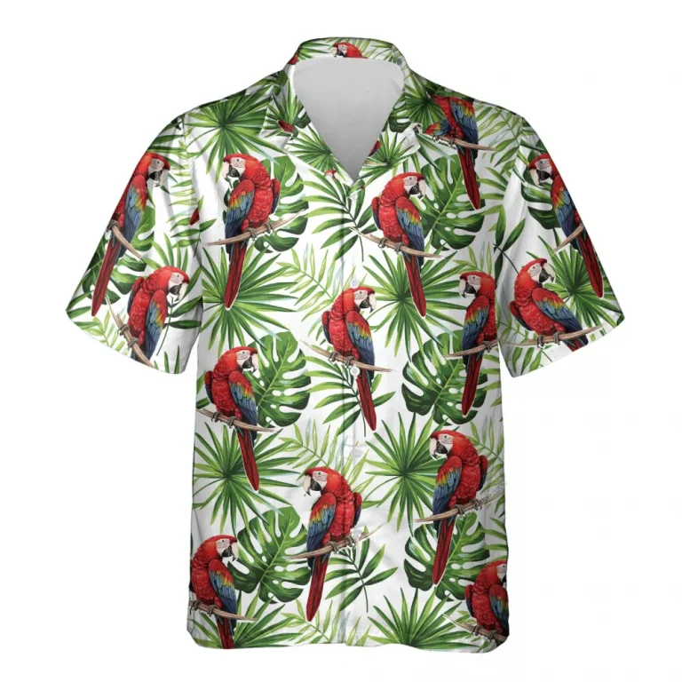 Red Parrot Hawaiian Shirt For Men Women, Tropical Leaves Summer Beach Shirts, Parrot Aloha Shirt, Parrot Lovers Button Down Short Sleeve Shirts