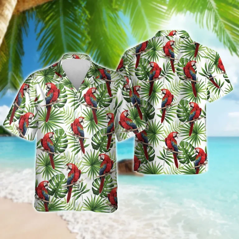 Red Parrot Hawaiian Shirt For Men Women, Tropical Leaves Summer Beach Shirts, Parrot Aloha Shirt, Parrot Lovers Button Down Short Sleeve Shirts