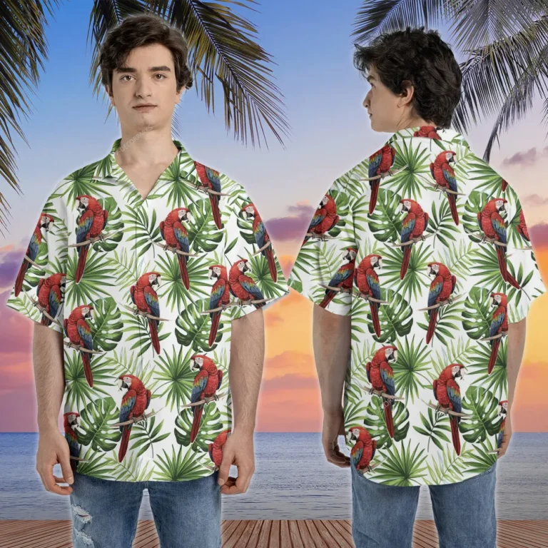 Red Parrot Hawaiian Shirt For Men Women, Tropical Leaves Summer Beach Shirts, Parrot Aloha Shirt, Parrot Lovers Button Down Short Sleeve Shirts