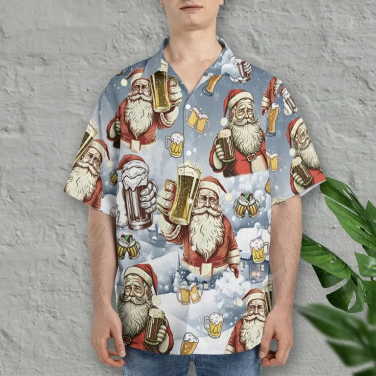 Santa Beer Hawaiian Shirt For Men Women, Beer Lovers Button Down Short Sleeve Shirts, Holiday Christmas Aloha Shirts, Drink Beer Summer Beach Shirts