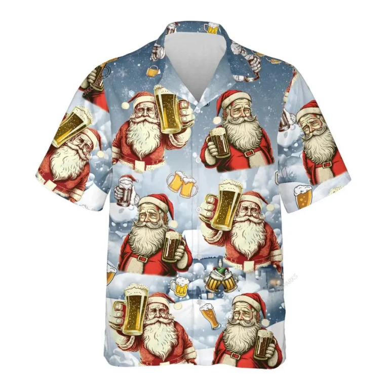 Christmas Beer Hawaiian Shirt For Men Women, Beer Lovers Button Down Short Sleeve Shirt, Holiday Christmas Aloha Shirts, Santa Beer Summer Beach Shirt