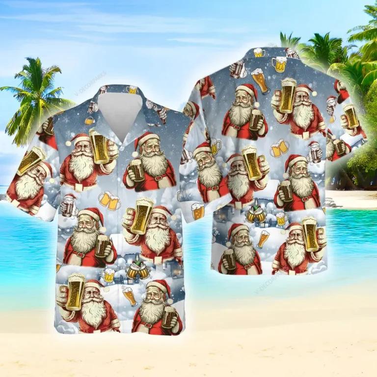 Christmas Beer Hawaiian Shirt For Men Women, Beer Lovers Button Down Short Sleeve Shirt, Holiday Christmas Aloha Shirts, Santa Beer Summer Beach Shirt