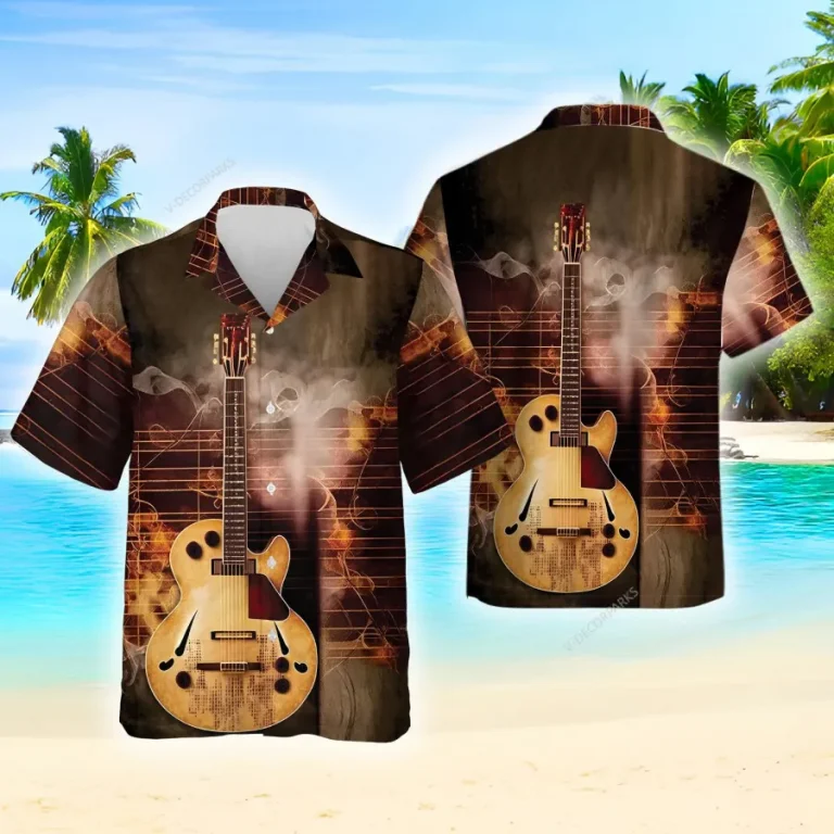 Vintage Guitar Hawaiian Shirts For Men Women, Guitar Hawaiian Style Aloha Shirts, Summer Beach Shirts, Guitar Lovers Button Down Short Sleeve Shirts