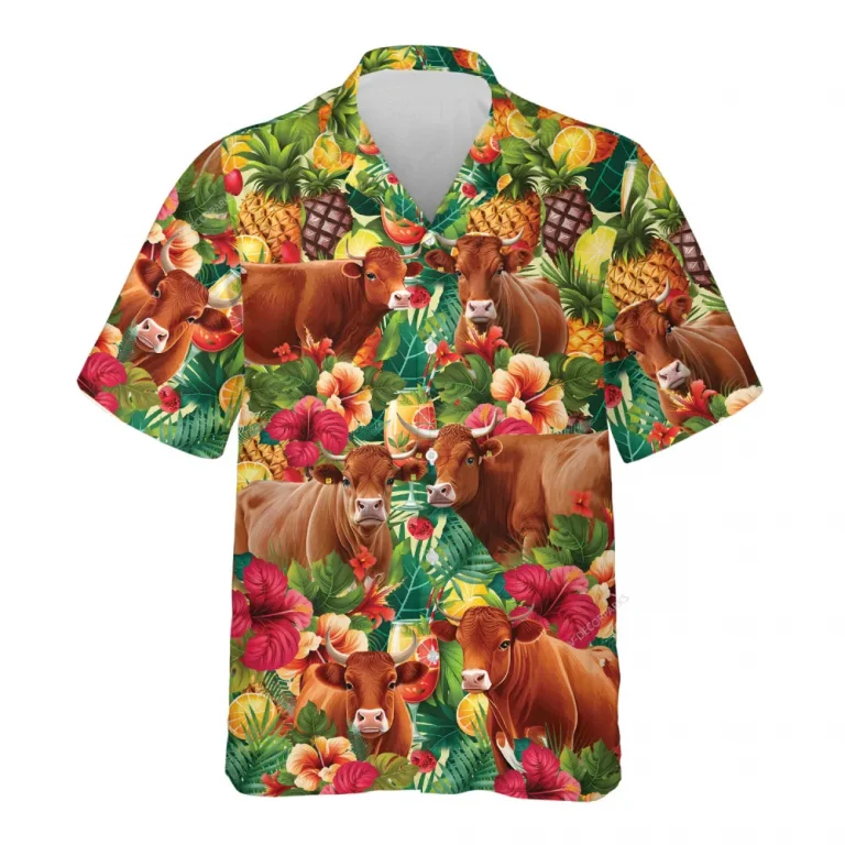 Red Angus Cow Hibiscus Unisex Hawaiian Shirt, Cute Red Angus Cow Aloha Hawaii Shirt, Tropical Pattern Summer Vacation Aloha Beach Shirt