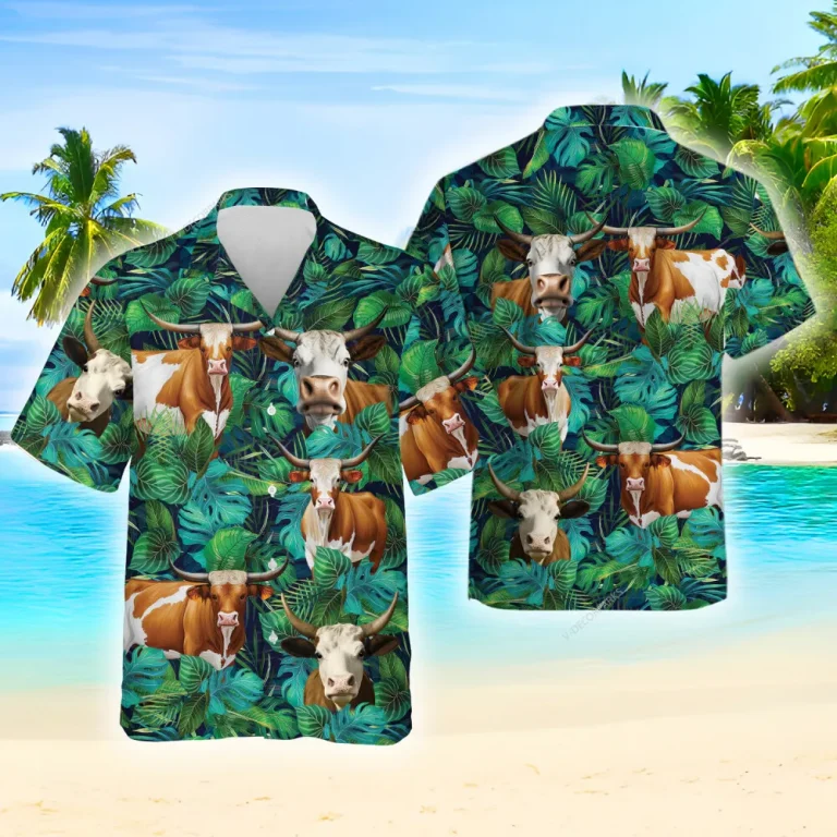 Texas Longhorn Cow Unisex Hawaiian Shirt, Texas Longhorn Cow Leaves Aloha Hawaii Shirt, Tropical Forest Summer Vacation Aloha Beach Shirt