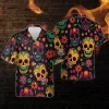 Sugar Skull Hawaiian Shirt For Men Women, Mexican Skull Printed Summer Beach Shirt, Casual Printed Aloha Button Down Shirt For Horror Lovers