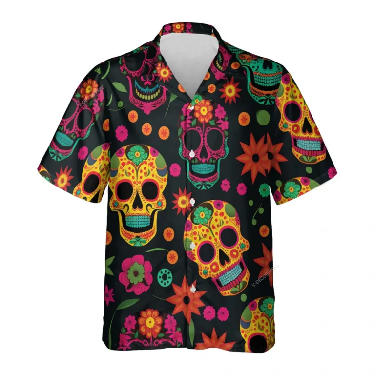 Sugar Skull Hawaiian Shirt For Men Women, Mexican Skull Printed Summer Beach Shirt, Casual Printed Aloha Button Down Shirt For Horror Lovers