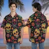 Sugar Skull Hawaiian Shirt For Men Women, Mexican Skull Printed Summer Beach Shirt, Casual Printed Aloha Button Down Shirt For Horror Lovers