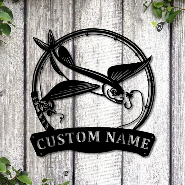 Personalized Flying Fish Fishing Fish Pole Metal Sign Art Custom Flying Fish Fishing Metal Sign Fishing Love Sign Decoration For Living Room