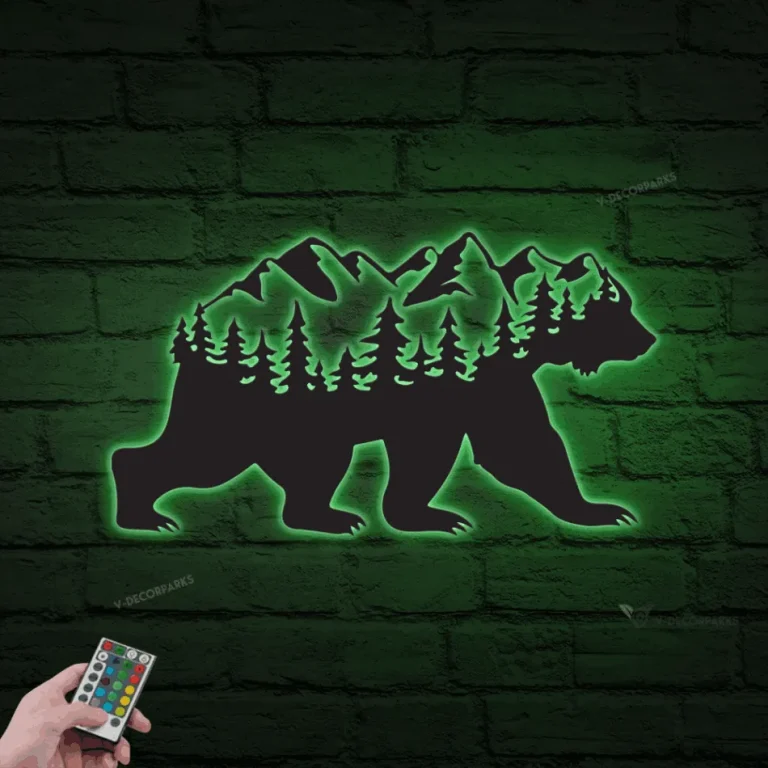 Led Lights Metal Bear Sign With Forest And Mountains, Bear Sign, Forest Sign, Mountain Range Sign, Metal Wall Art, Metal Bear Sign, Custom Metal Sign