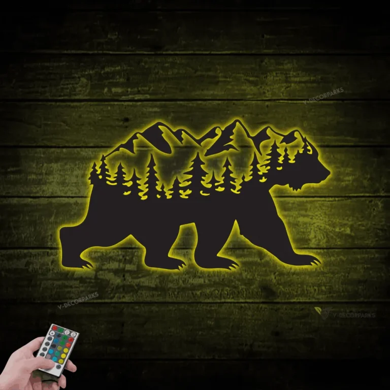 Led Lights Metal Bear Sign With Forest And Mountains, Bear Sign, Forest Sign, Mountain Range Sign, Metal Wall Art, Metal Bear Sign, Custom Metal Sign