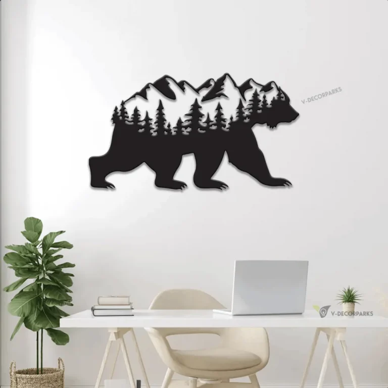 Led Lights Metal Bear Sign With Forest And Mountains, Bear Sign, Forest Sign, Mountain Range Sign, Metal Wall Art, Metal Bear Sign, Custom Metal Sign