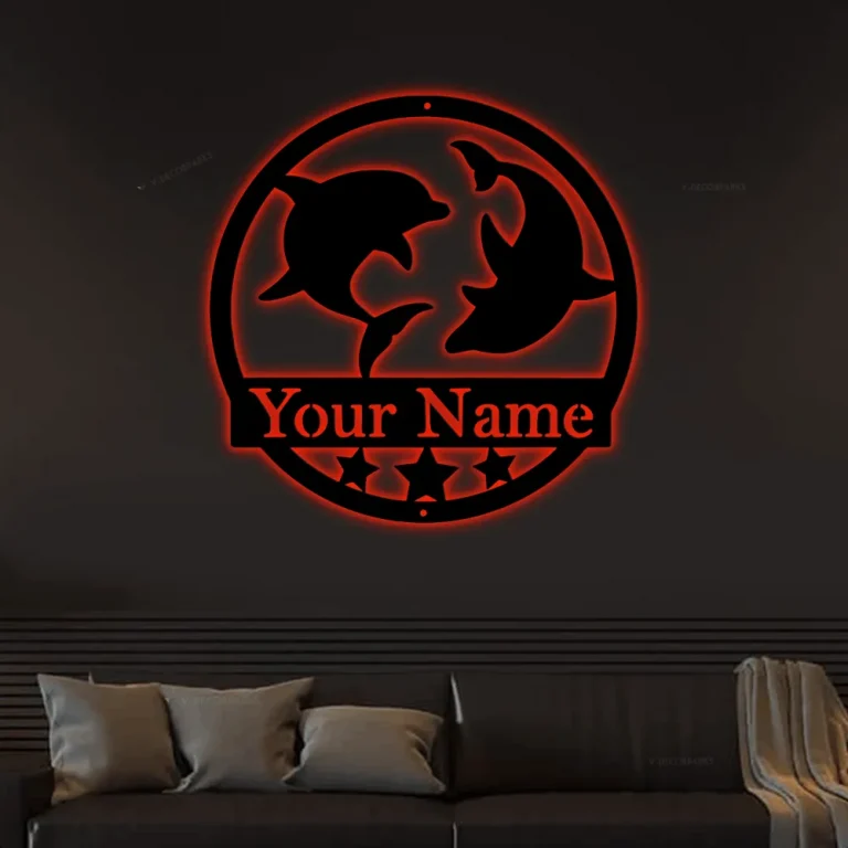 Metal Dolphin Sign With Led Lights, Personalized Metal Sign, Lake House Sign - Beach Home Decor Home Decor, Beach House Sign, Personal Dolphin Sign