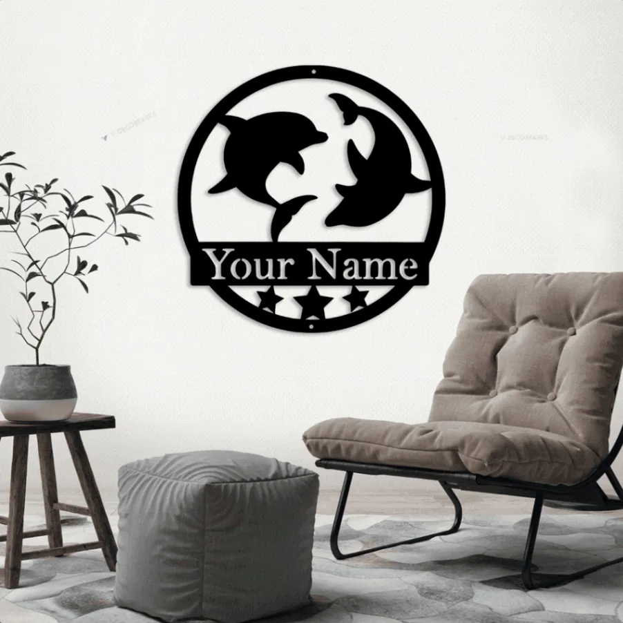 Metal Dolphin Sign With Led Lights, Personalized Metal Sign, Lake House Sign - Beach Home Decor Home Decor, Beach House Sign, Personal Dolphin Sign