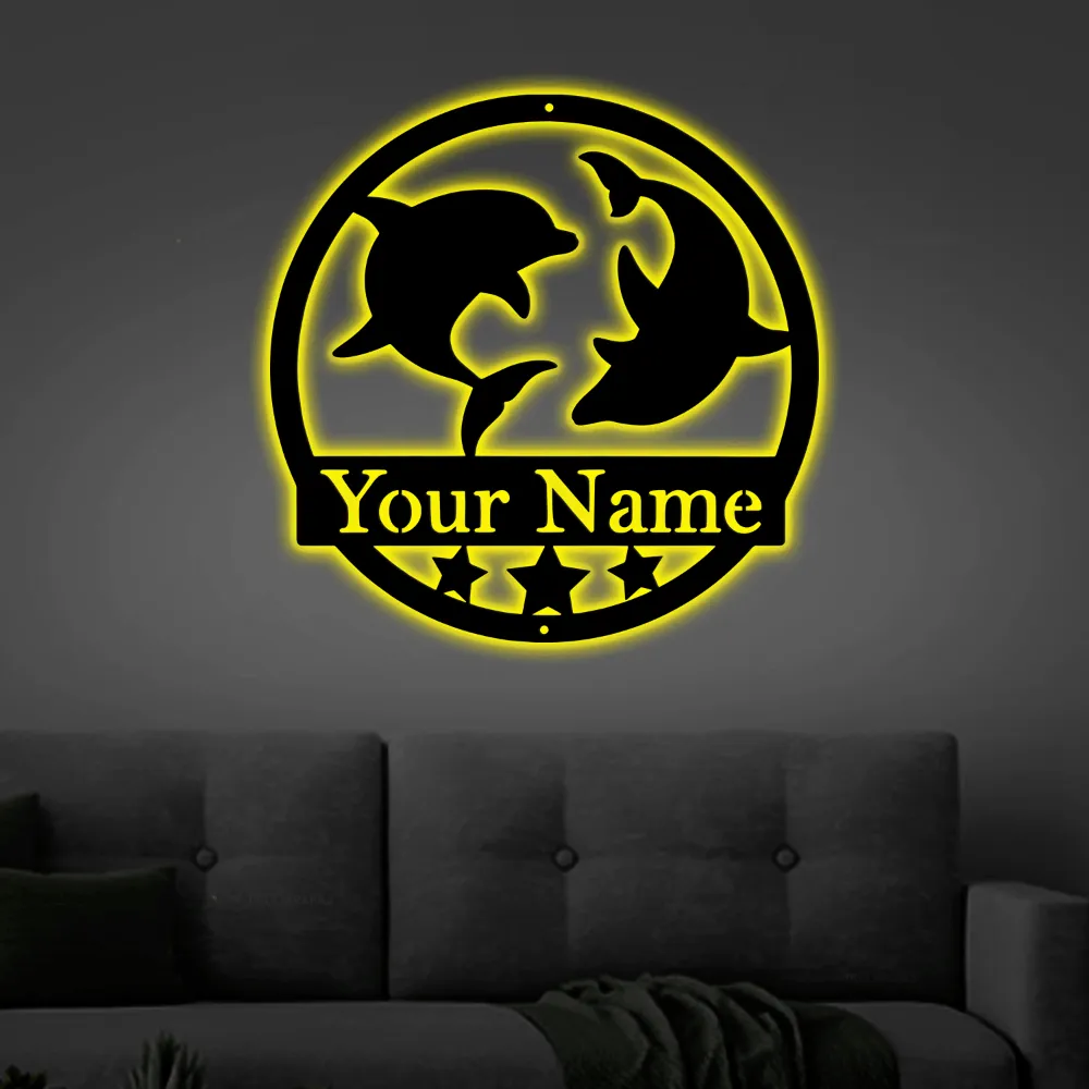 Metal Dolphin Sign With Led Lights, Personalized Metal Sign, Lake House Sign - Beach Home Decor Home Decor, Beach House Sign, Personal Dolphin Sign