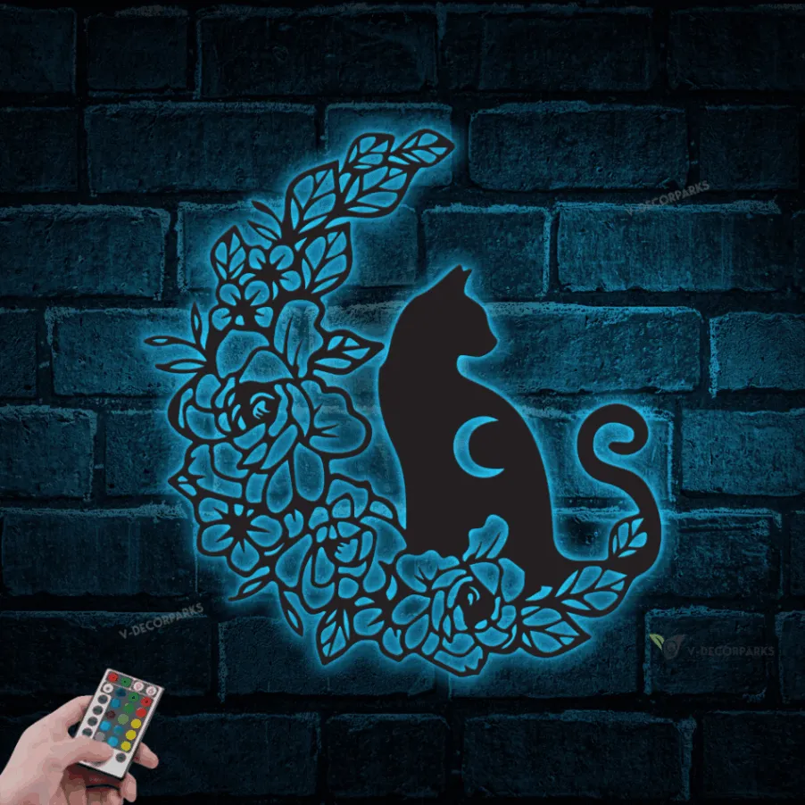Moon Cat Flower Black Metal Sign With Led Lights, Floral Cat On The Moon Magical Cat, Celestial Cat Wall Art Home Decor Room Gift