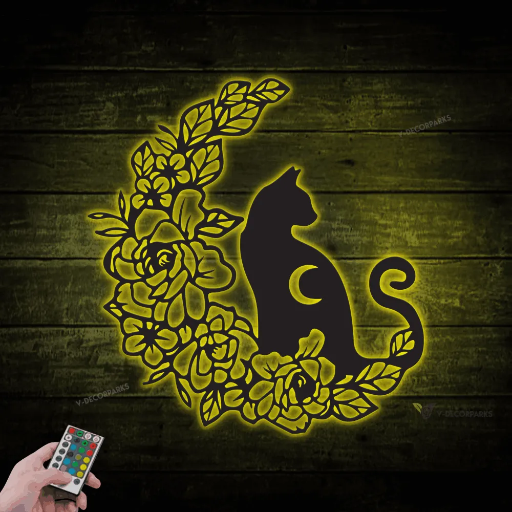Moon Cat Flower Black Metal Sign With Led Lights, Floral Cat On The Moon Magical Cat, Celestial Cat Wall Art Home Decor Room Gift