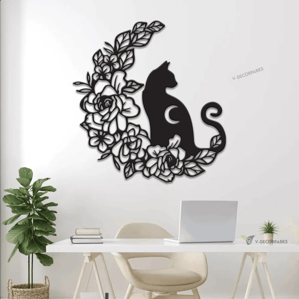 Moon Cat Flower Black Metal Sign With Led Lights, Floral Cat On The Moon Magical Cat, Celestial Cat Wall Art Home Decor Room Gift