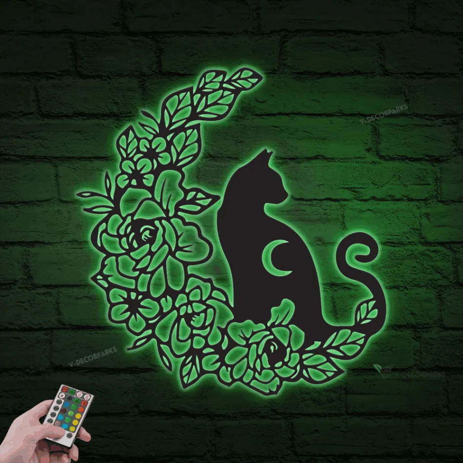 Moon Cat Flower Black Metal Sign With Led Lights, Floral Cat On The Moon Magical Cat, Celestial Cat Wall Art Home Decor Room Gift