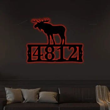 Moose Metal Address Plaque For House With Led Lights, Address Number, Metal Address Sign, House Numbers, Front Porch Address