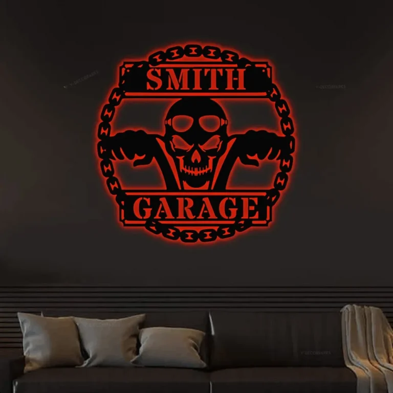 Motorcycle Skull Metal Sign With Led Lights, Personalized Garage Sign, Motorcycle Handlebar Sign, Garage Decor, Gift For Dad Husband