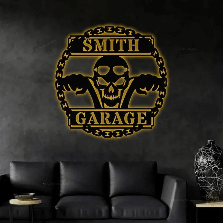 Motorcycle Skull Metal Sign With Led Lights, Personalized Garage Sign, Motorcycle Handlebar Sign, Garage Decor, Gift For Dad Husband
