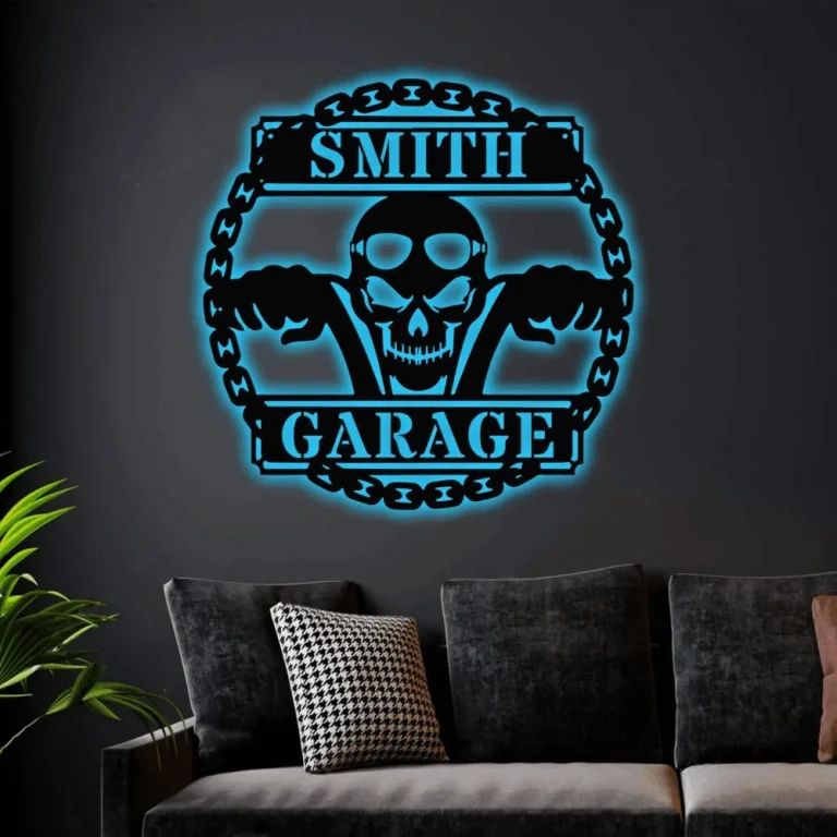 Motorcycle Skull Metal Sign With Led Lights, Personalized Garage Sign, Motorcycle Handlebar Sign, Garage Decor, Gift For Dad Husband
