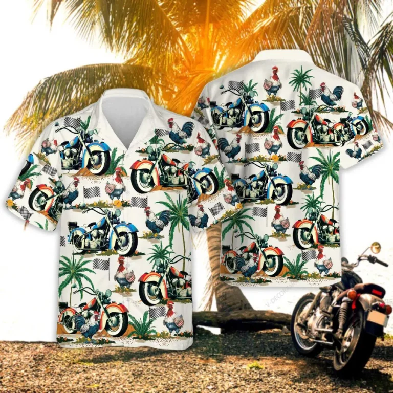 Motorcycle Hawaiian Shirt For Men Womens, Motorbike Lovers Summer Beach Shirts, American Rooster Aloha Shirt, Tropical Button Down Short Sleeve Shirts