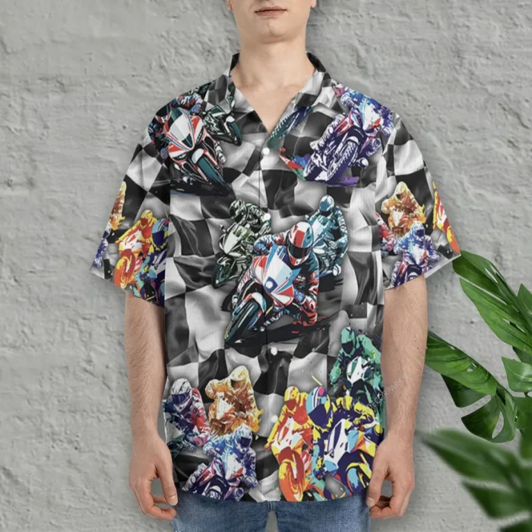 Racing Motorbike Hawaiian Shirt For Men Womens, Motorbike Lover Summer Beach Shirt,checkered Flag Aloha Shirt, Colorful Button Down Short Sleeve Shirt